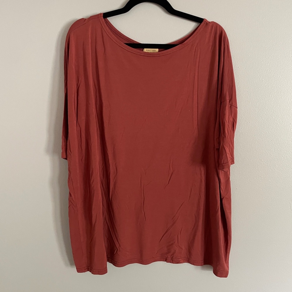 Piko 1988 Oversized Tee Women L Rust Terracotta 3/4 Sleeve Scoop Neck Boho Top